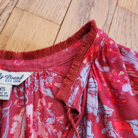 Lucky Brand Red Floral Peasant Top Fringe Tassels XS - Picture 5 of 15